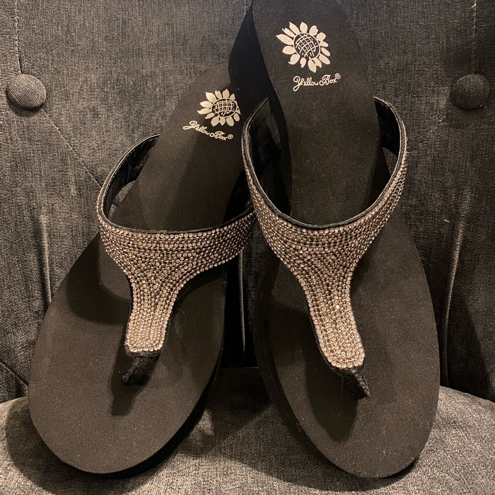 Yellow Box women's rhinestone wedge sandal comfortable thong flip flops.